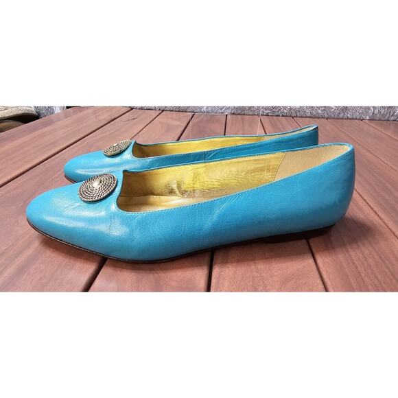 New VTG Enzo Angiolini Shoes Turquoise Medallion Slip‎ On Flats Leather RARE 6.5 - Picture 2 of 5